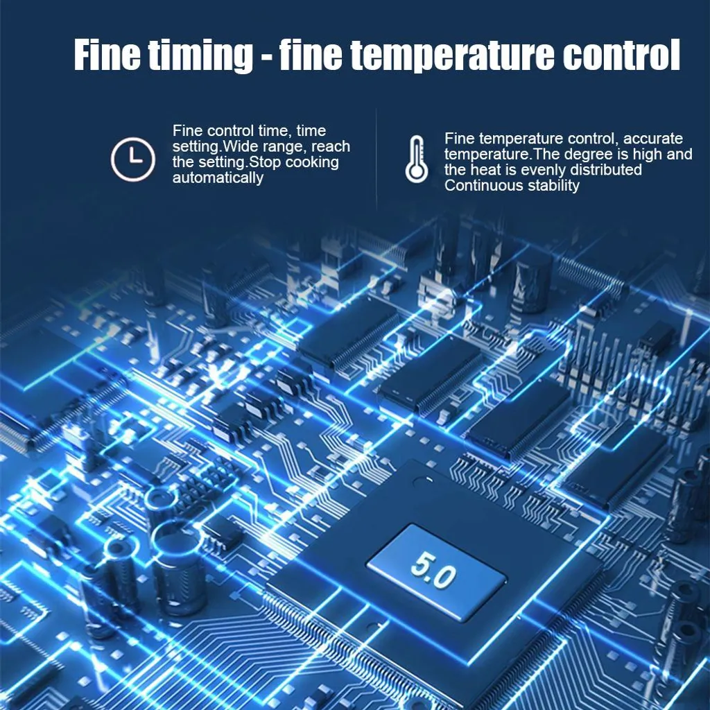 Eine blaue Platine mit leuchtenden Lichtlinien, Computerchips und Text über feine Zeit- und Temperaturregelung.