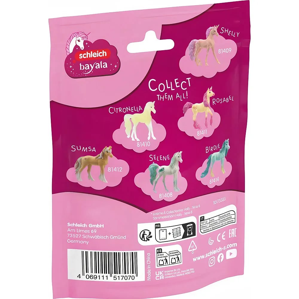 Rückseite einer pinken Schleich Bayala Sammelfiguren-Tüte mit verschiedenen Einhorn-Modellen und Barcode.
