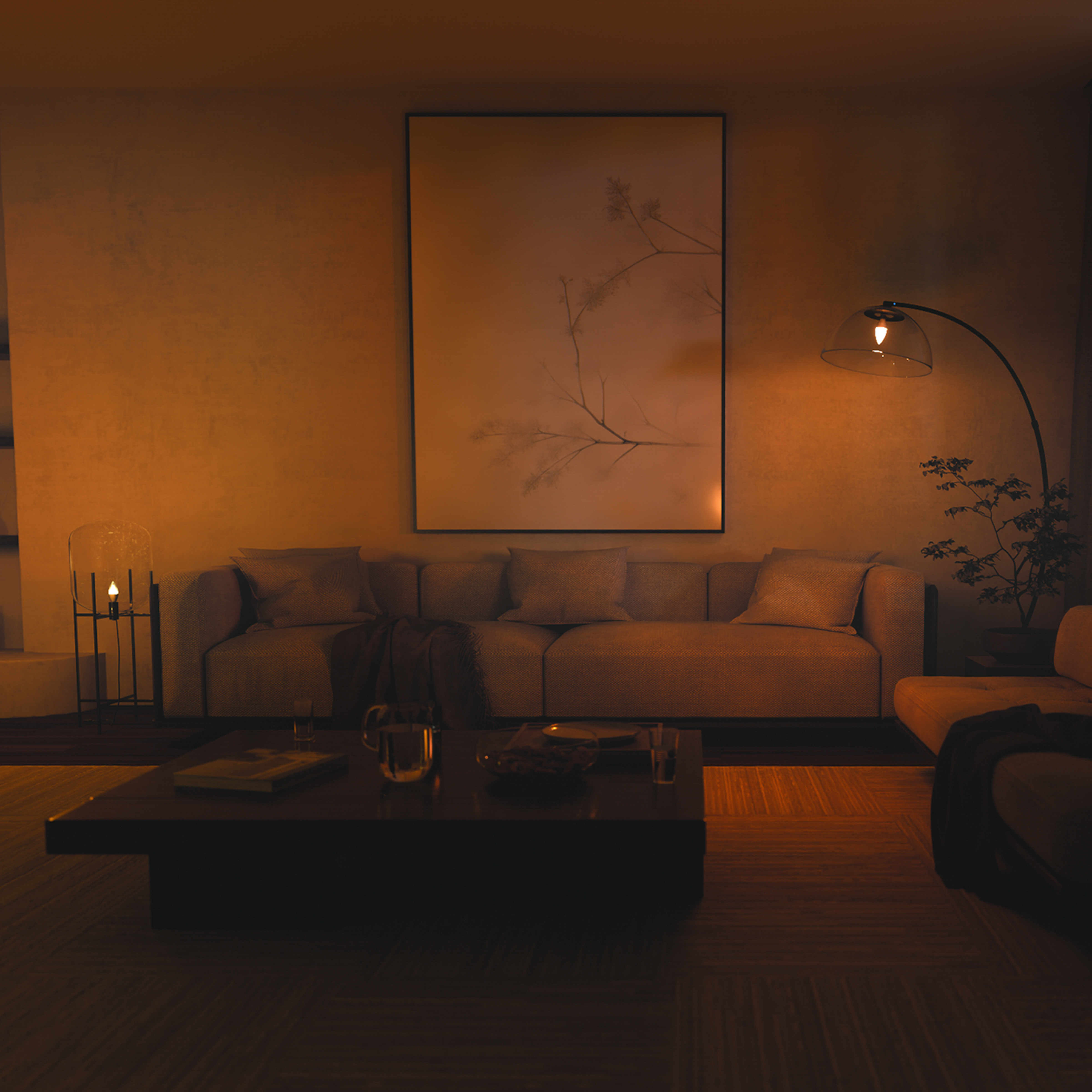 Warm beleuchtetes Wohnzimmer mit Sofa, großem Wandbild, Couchtisch und Bogenlampe in gedimmtem Licht.