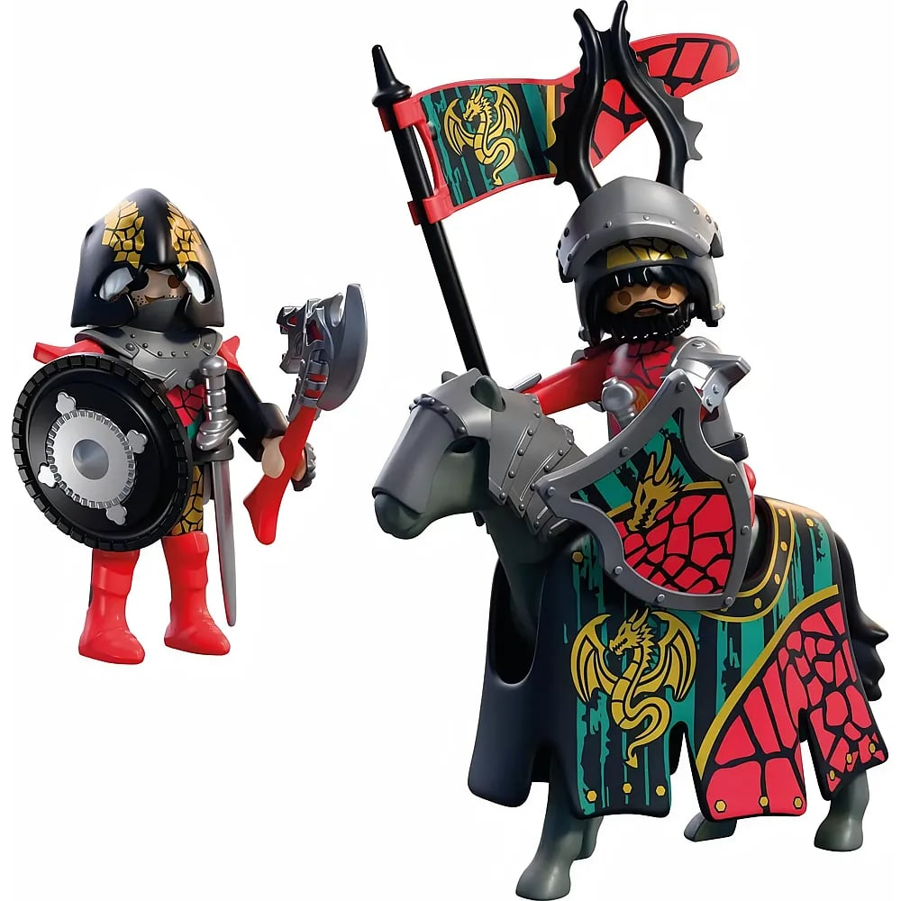Dos figuras de caballeros dragón de Playmobil, uno montado en un caballo negro y rojo con estandarte.