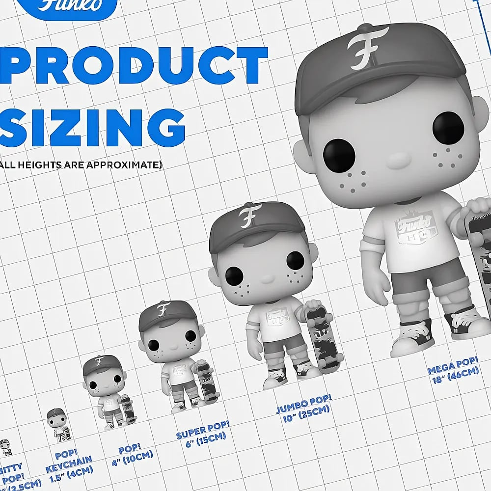 Infografika przedstawiająca rozmiary Funko Pop z sześcioma figurkami o wzroście od 1,5 do 18 cali.