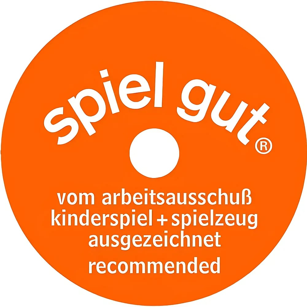 Rotes r Expressions-Siegel mit weißem Text 'spiel gut' und Erläuterungen.