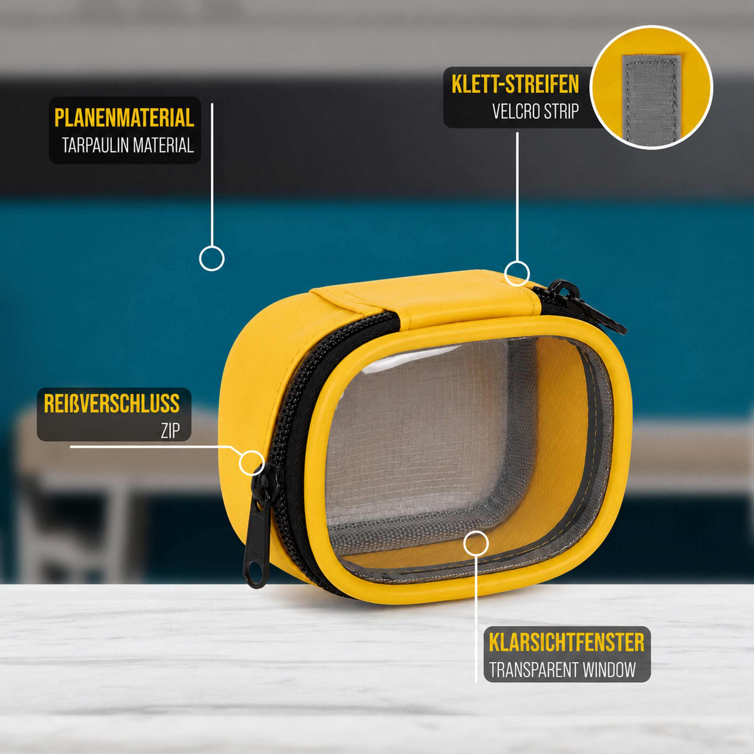 Eine gelbe Tasche mit klarem Fenster, Reißverschluss und Klettstreifen auf weißer Fläche.