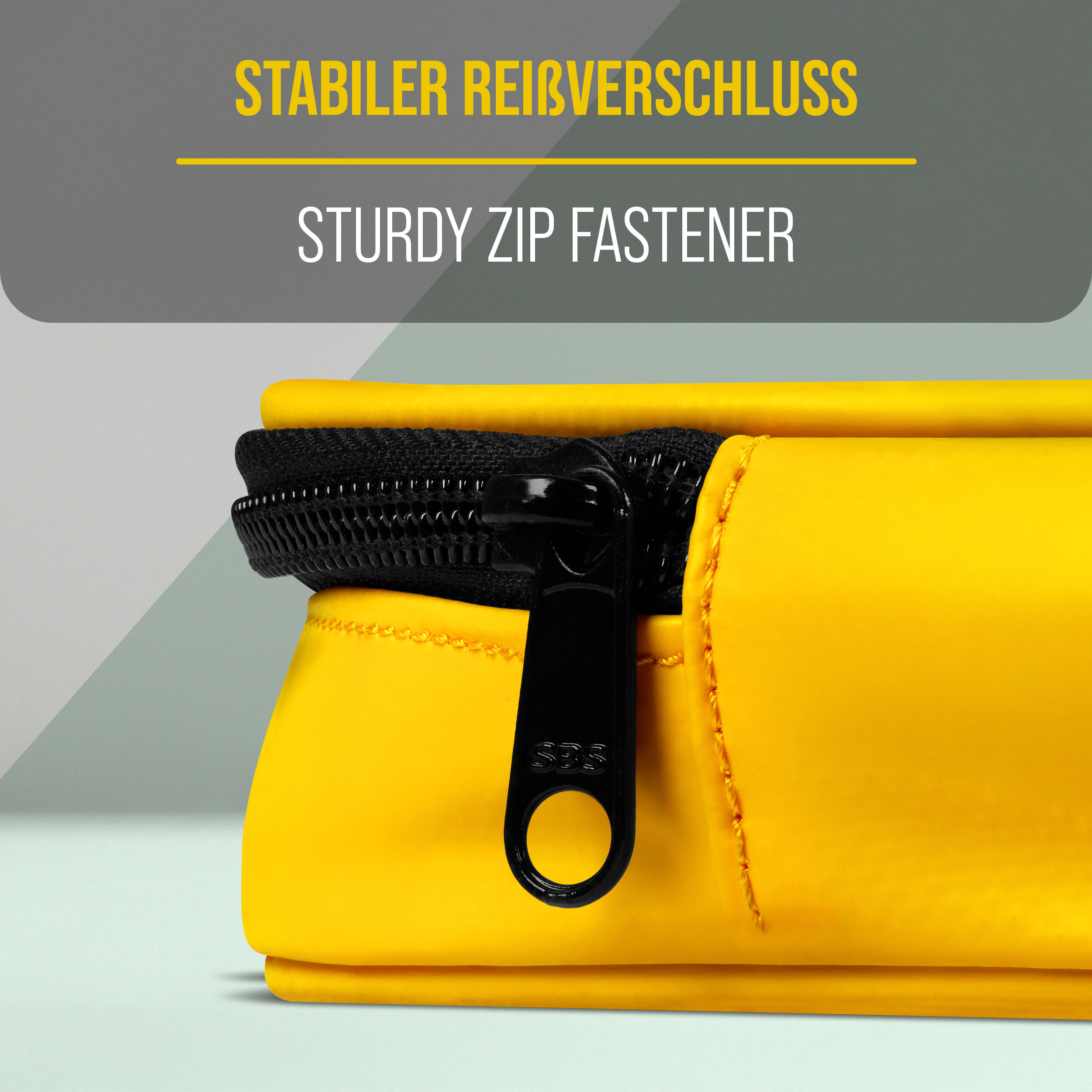 Stabiler schwarzer Reißverschluss an einer gelben Tasche, mit Text oben.