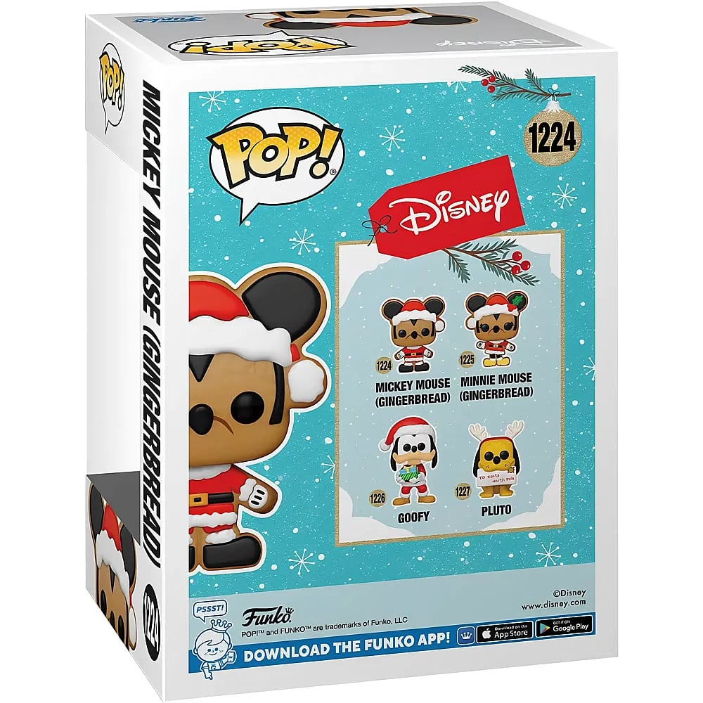 Retro di una scatola natalizia Funko Pop Disney che mostra le figure di Topolino, Minnie, Pippo e Pluto.