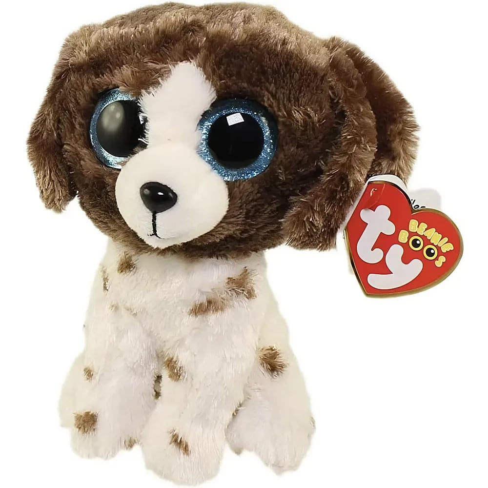 Ein Plüschhund mit großen blauen Glitzeraugen, weißem Gesicht, braunen Flecken und einem roten Beanie-Boos-Herz.