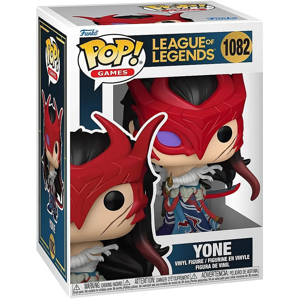Yone Funko Pop Figur in roter Maske und traditioneller Kleidung in Originalverpackung.