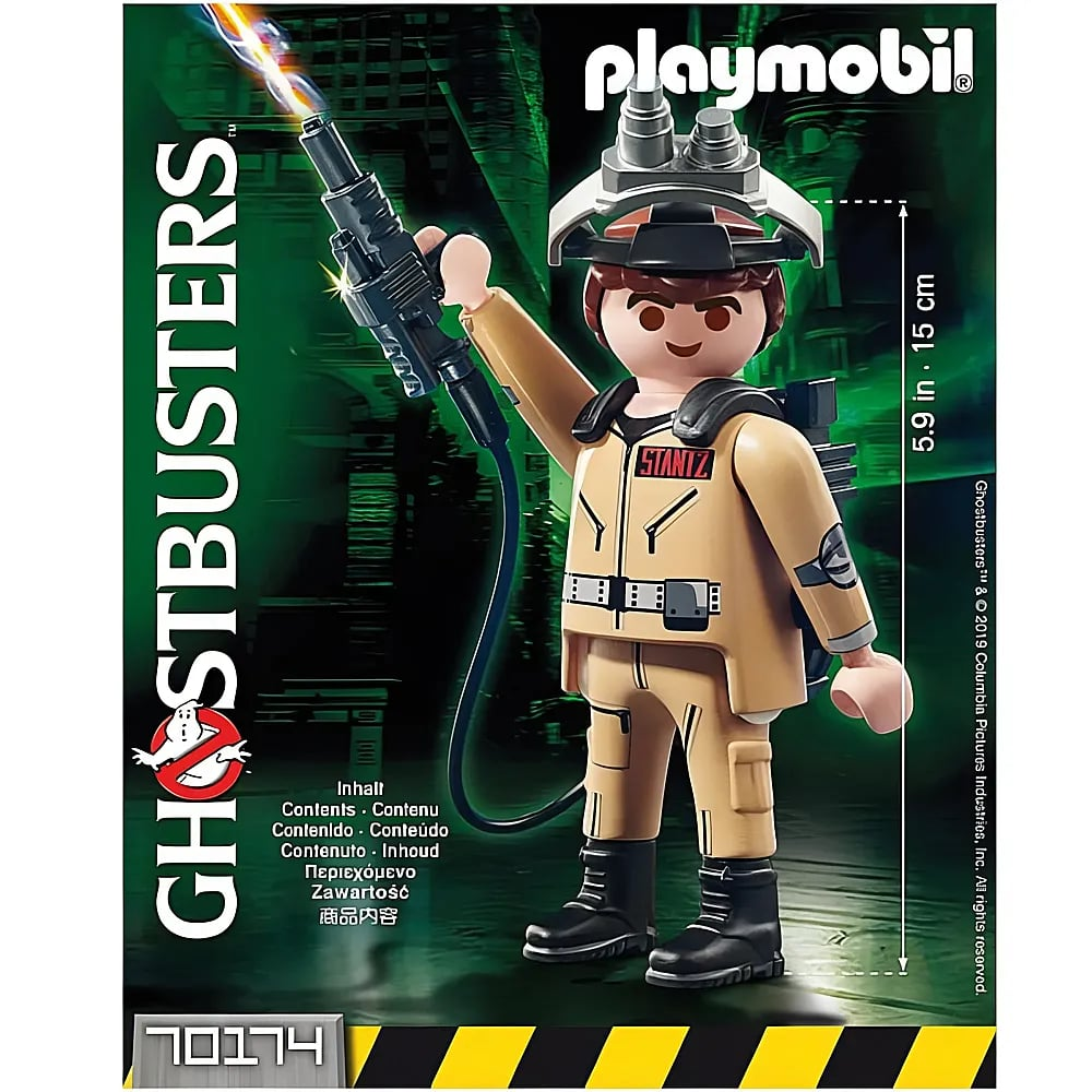 Playmobil Ghostbusters Figur mit Protonenpack und Brille vor grünem Hintergrund.