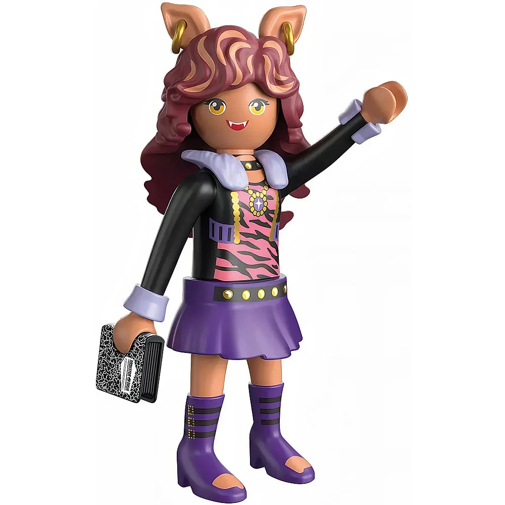 Playmobil Clawdeen Wolf Figur mit welligem braunem Haar, Wolfsohren, Jacke, lila Rock und einem kleinen Buch.