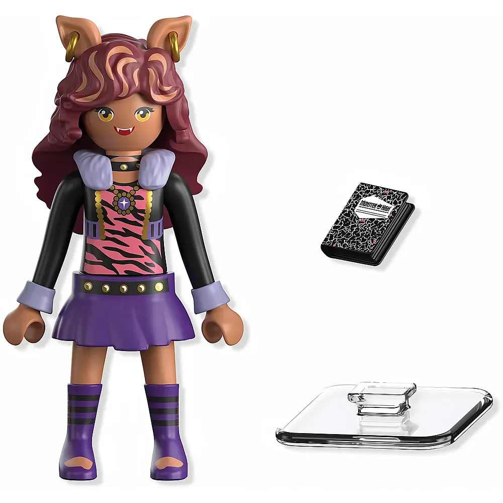 Playmobil Monster High Figur mit braunem Fell, Vampirzähnen, rosa-schwarzem Oberteil, lilafarbenem Rock, Buch und Ständer.
