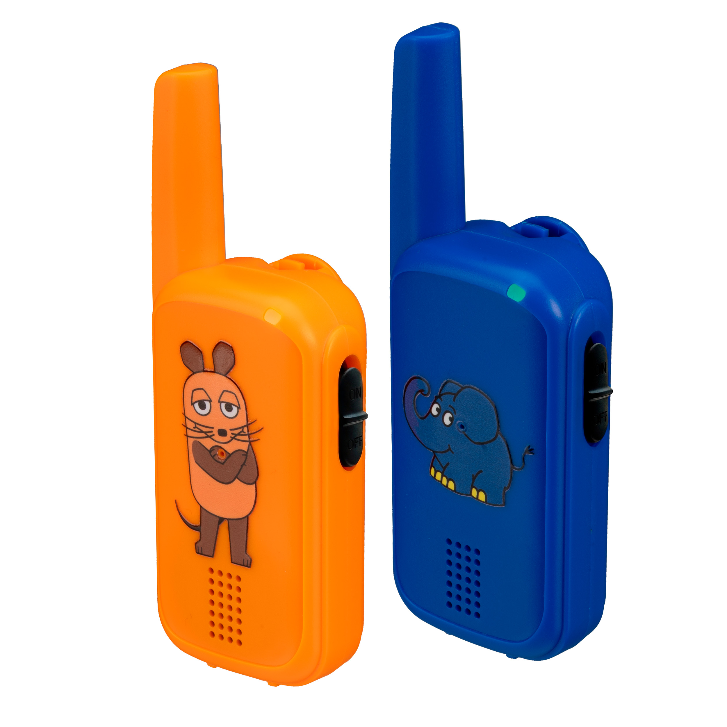Zwei Kinder-Walkie-Talkies, eines orange mit Maus und eines blau mit Elefant.