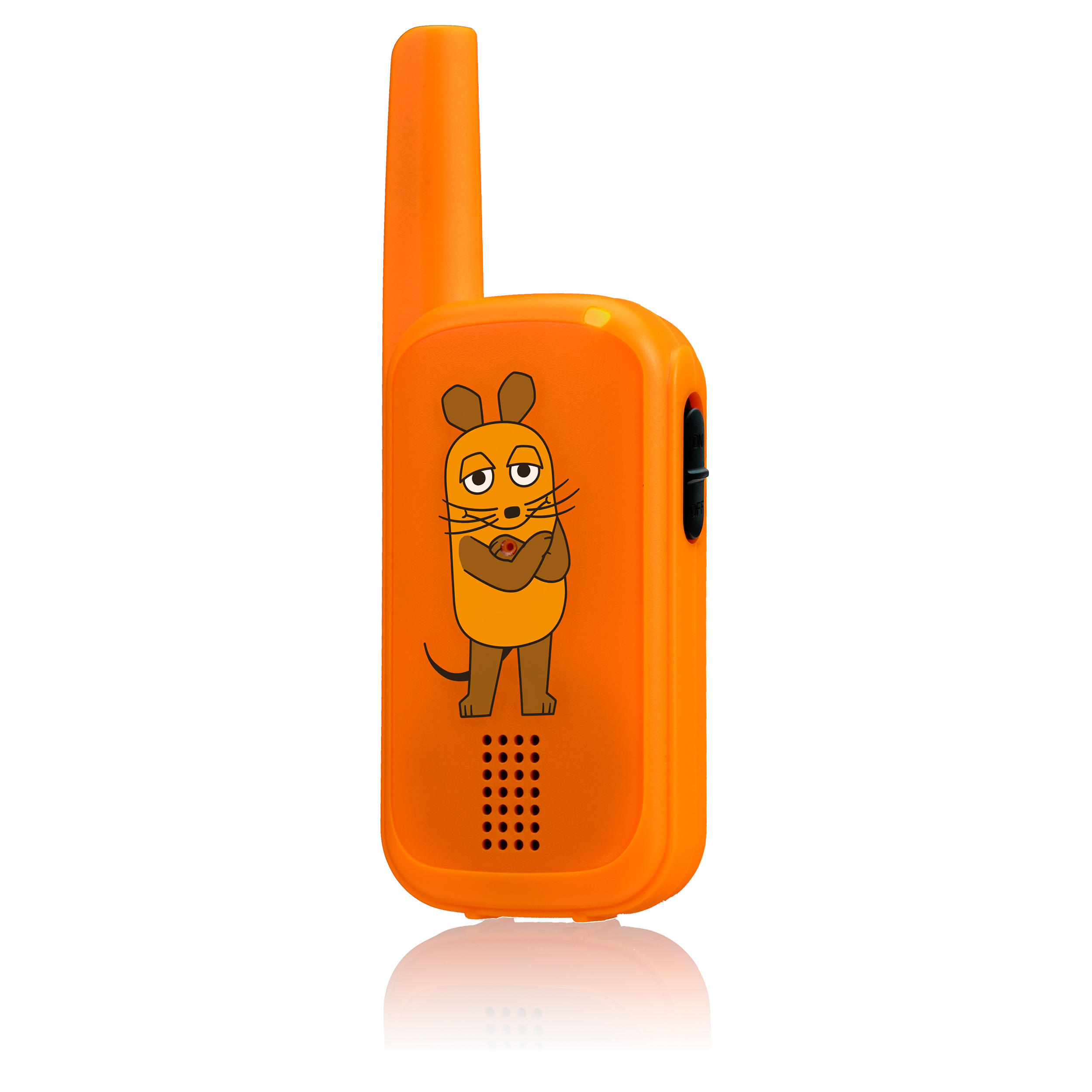 Ein orangefarbenes Walkie-Talkie mit einer lustigen Zeichentrick-Maus auf der Vorderseite vor weißem Hintergrund.