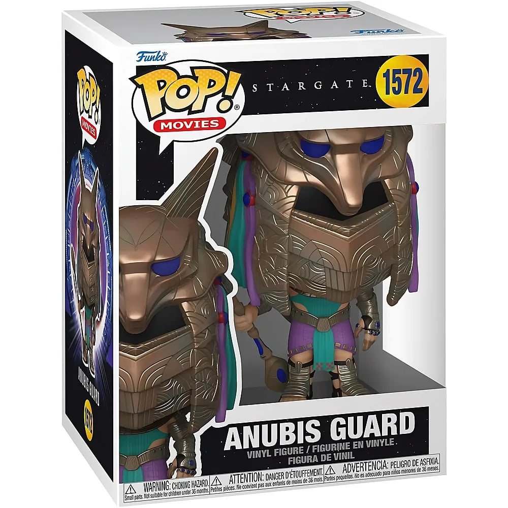 Figura de vinilo Funko Pop Anubis Guard en caja, con casco de chacal dorado y falda morada.
