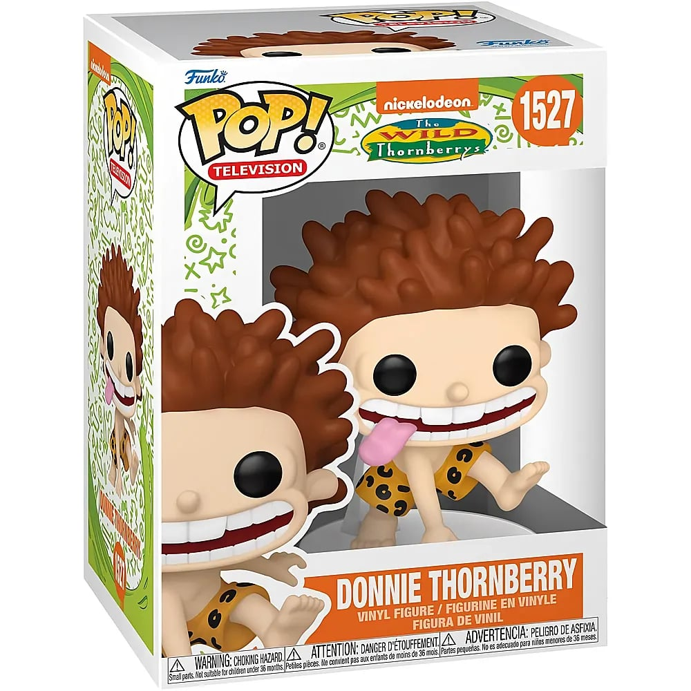 Figura Funko Pop de Donnie Thornberry con pelo castaño y taparrabos de leopardo en caja.