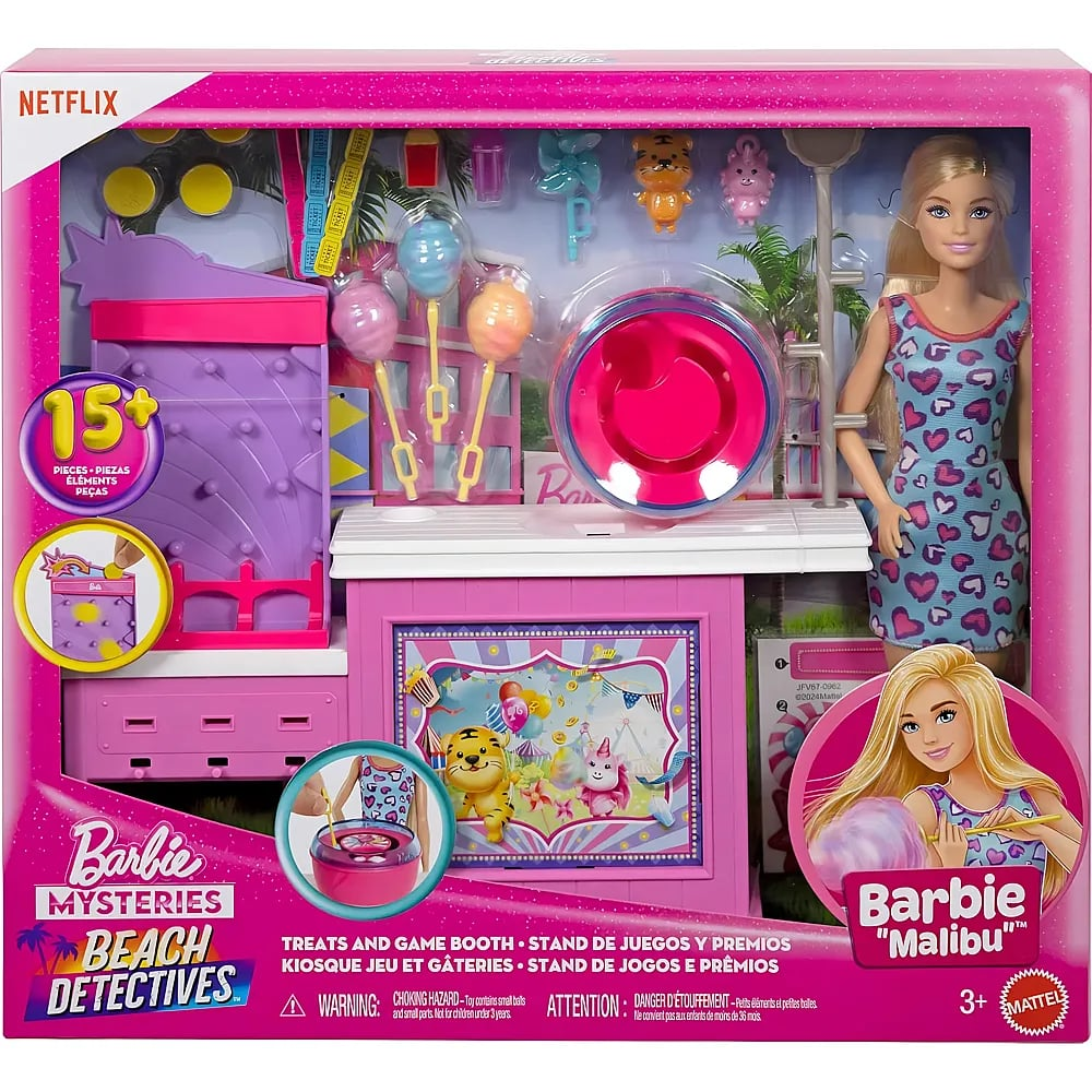 Barbie Beach Detectives Set mit Malibu Barbie, Kiosk, Spielzeug und bunten Leckereien in Pink.