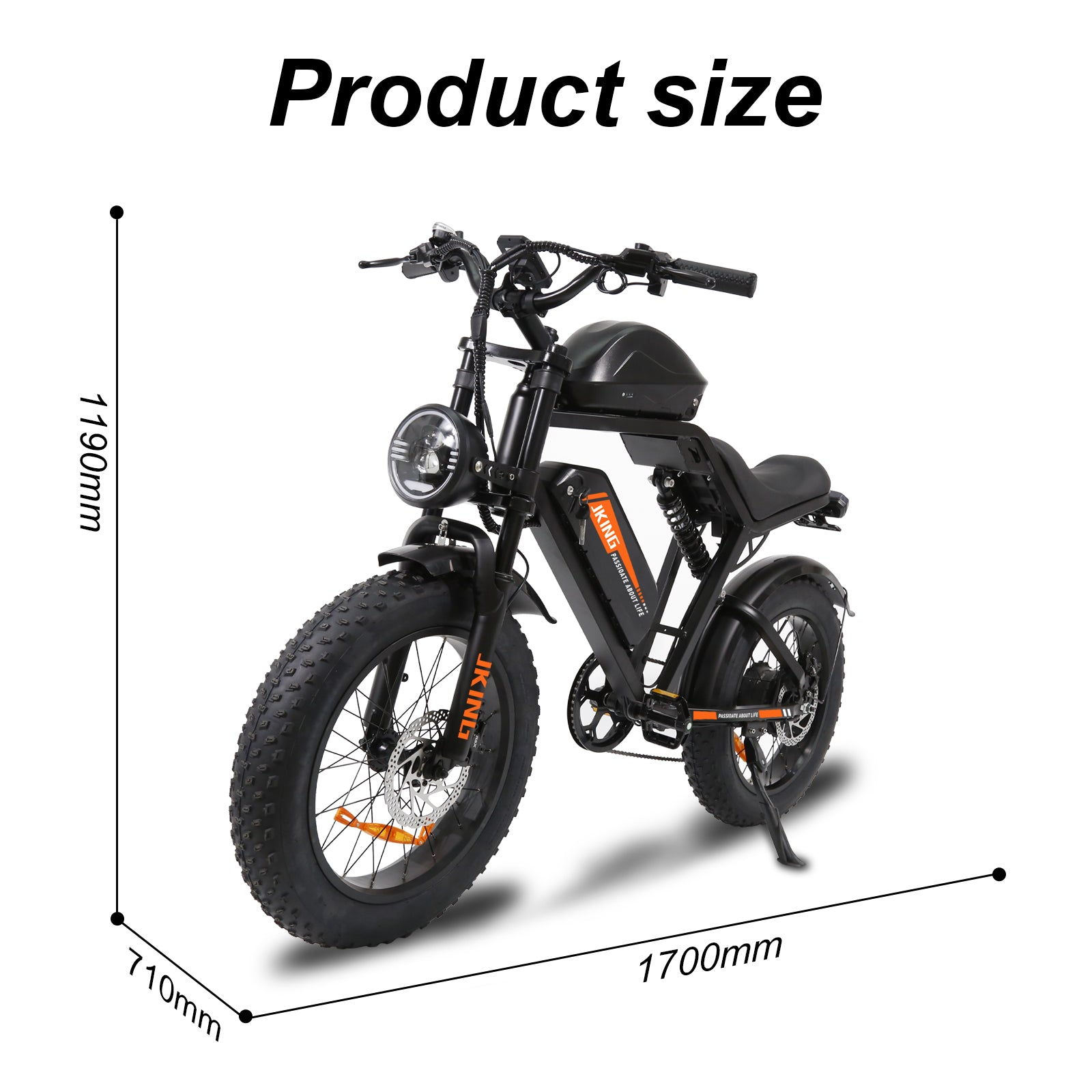 Schwarzes Elektrofahrrad mit dicken Reifen und Produktabmessungen.