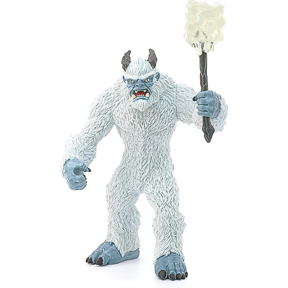 Eine weiße, pelzige Yeti-Actionfigur mit Hörnern, die eine leuchtende Eiskeule hält.