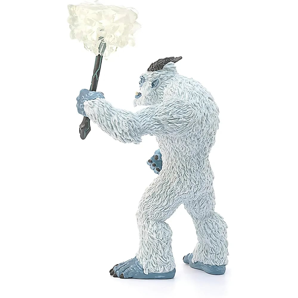 Eine weiße, haarige Yeti-Figur mit kleinen Hörnern hält eine funkelnde Eiskeule auf weißem Hintergrund.