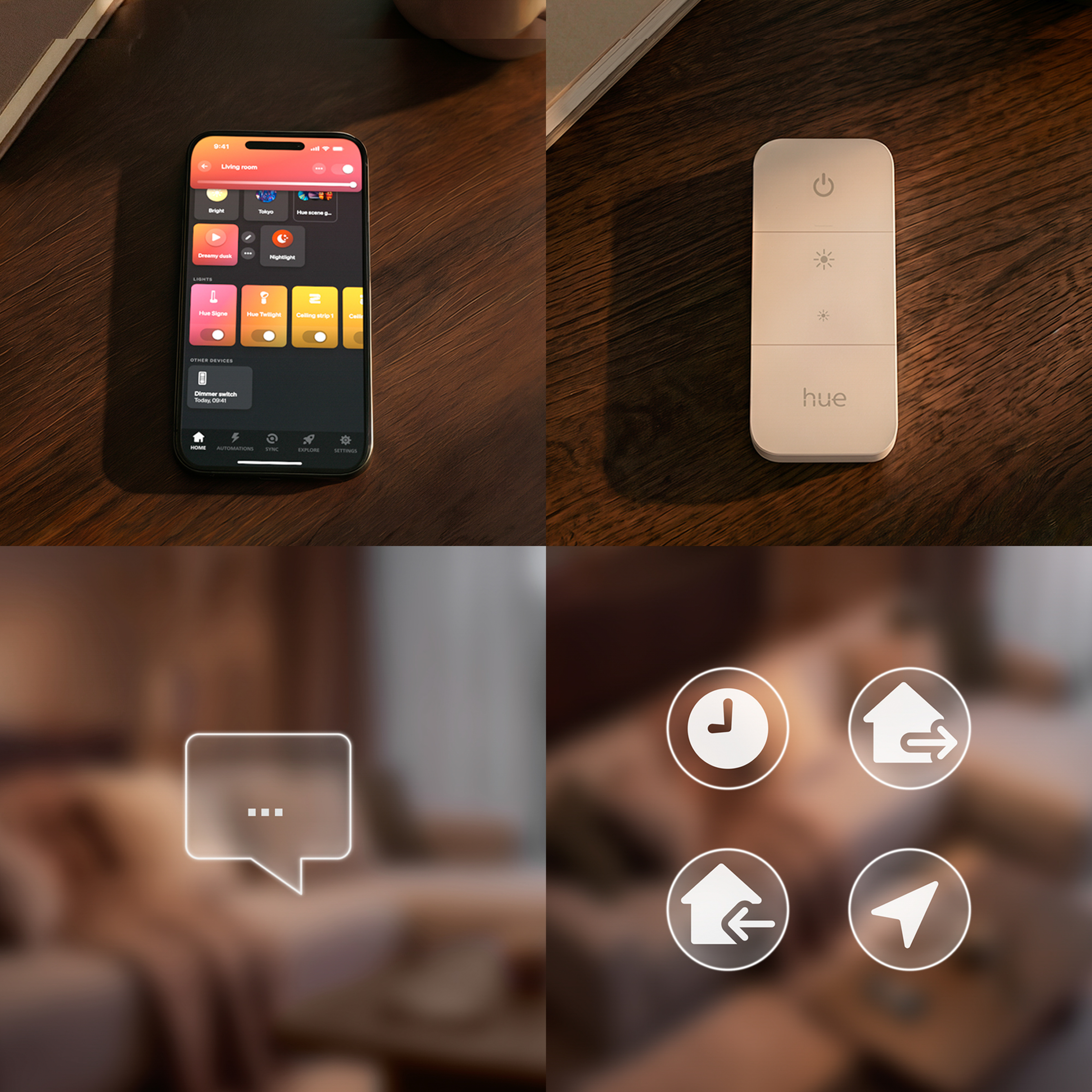 Ein Smartphone mit Smart-Home-App, eine Hue-Fernbedienung und Interface-Symbole auf Holztisch.