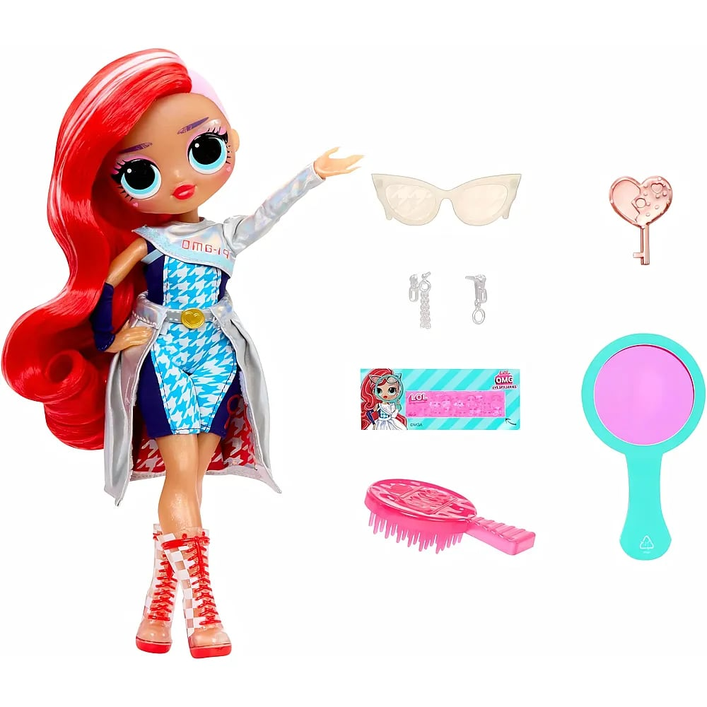 L.O.L. Surprise! Puppe mit roten Haaren, blauem Outfit und weißem Mantel, begleitet von Accessoires wie Brille und Bürste.