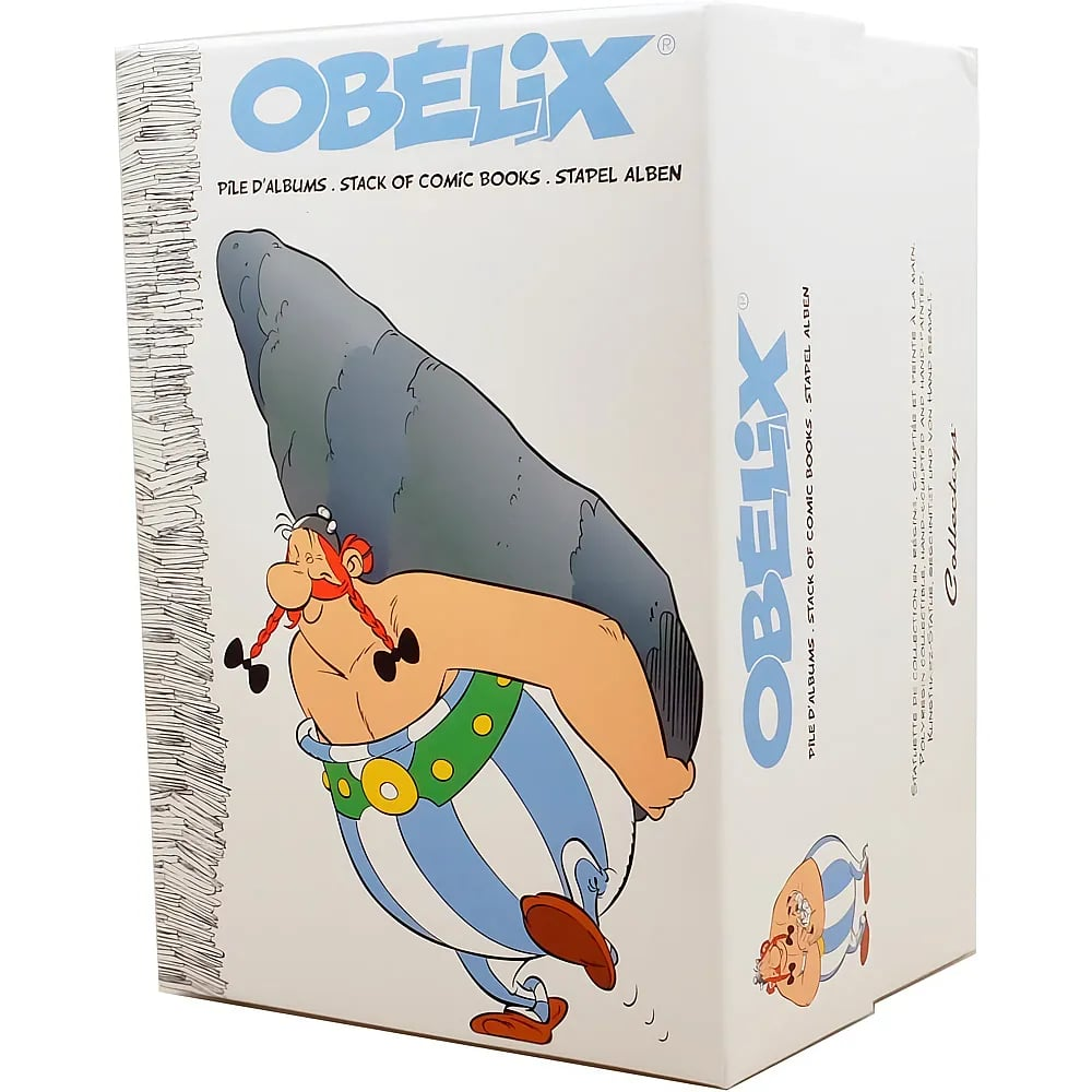 Una caja blanca muestra al personaje de dibujos animados Obélix cargando una gran piedra gris en su espalda.