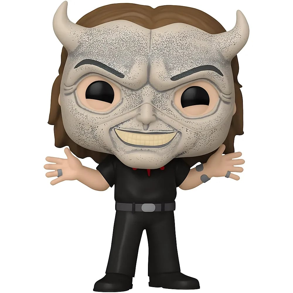 Figurka Funko Pop z rogatą, teksturowaną zamaskowaną twarzą, szerokim uśmiechem i czarnym ubraniem.
