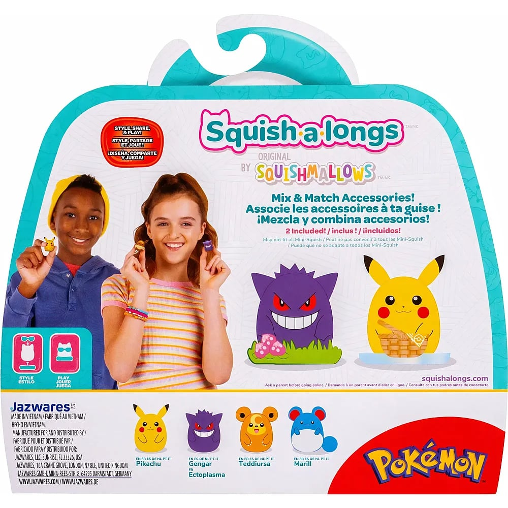 Empaque de juguetes Pokemon Squishalongs con niños sosteniendo mini figuras e imágenes de Gengar y Pikachu.