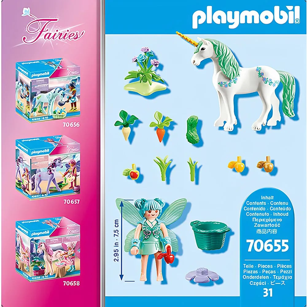 Playmobil Fairies Set 70655 mit Fee, Einhorn, Korb und Pflanzenzubehör.