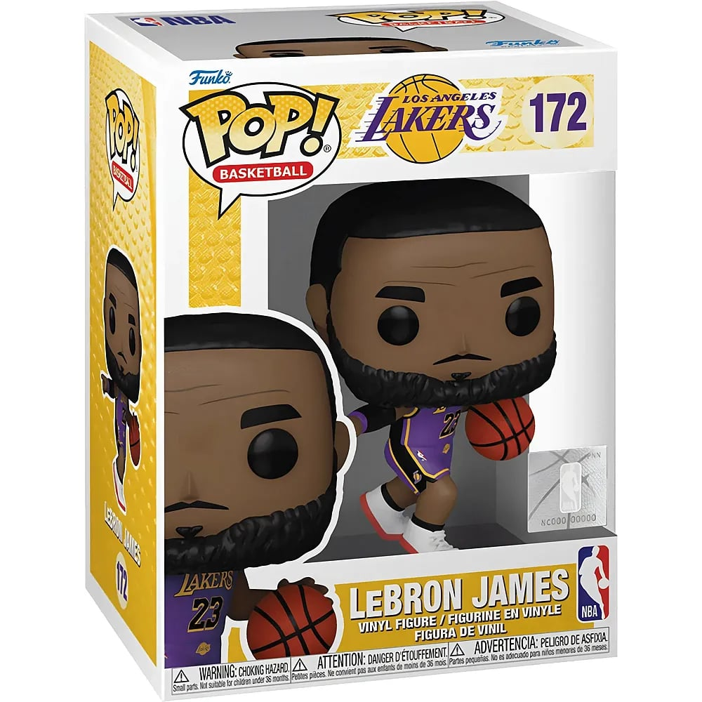 Figura de vinilo Funko Pop de LeBron James con uniforme de Los Angeles Lakers en su caja.