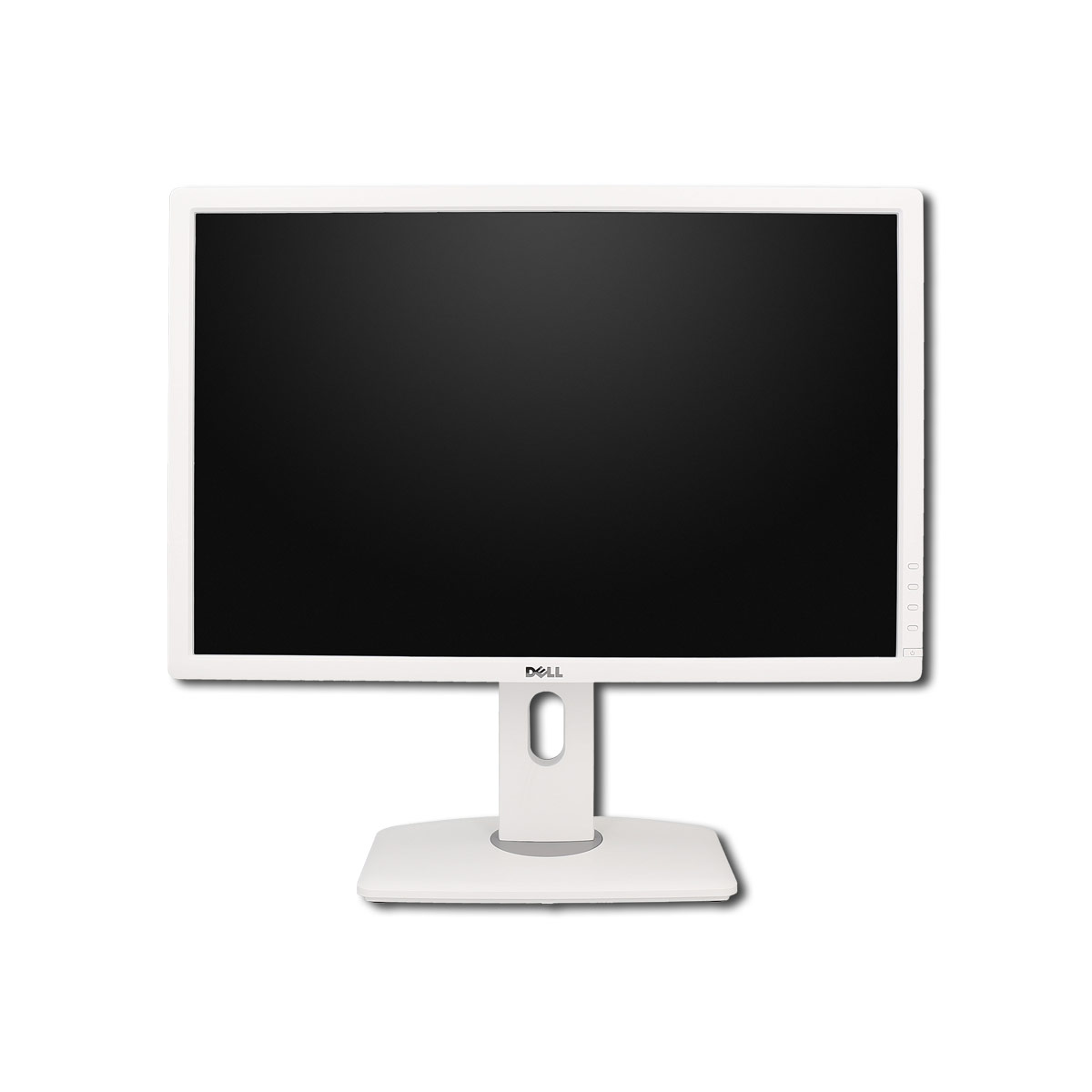 Ein weißer Dell Computerbildschirm mit schwarzem Display steht auf einem weißen Standfuß vor weißem Hintergrund.