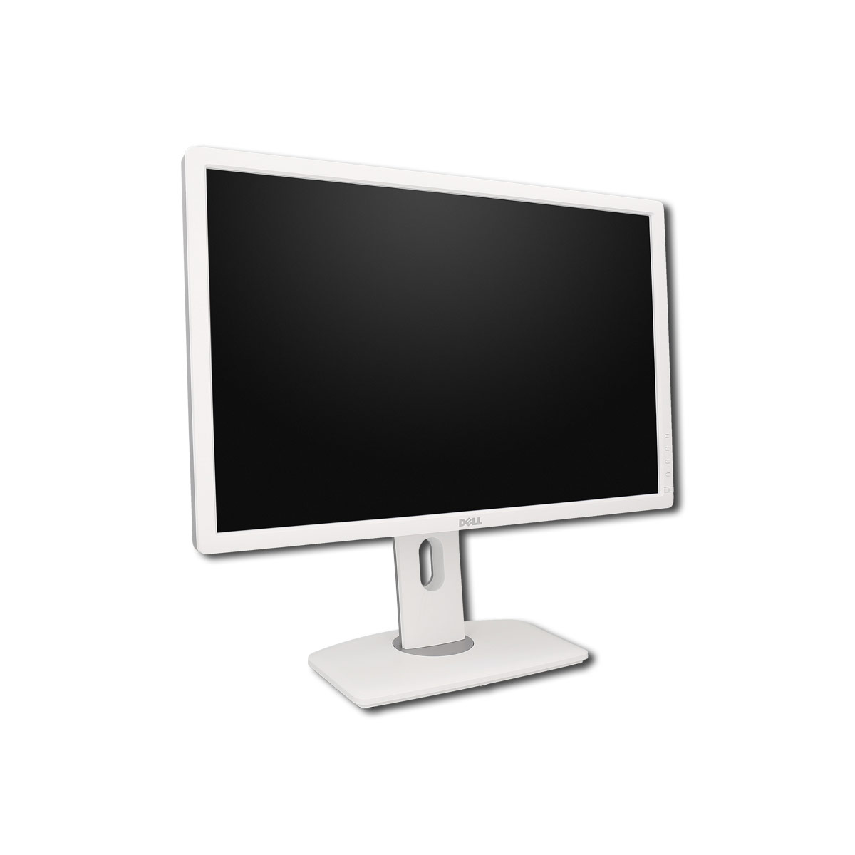Ein weißer Dell-Monitor mit schwarzem Bildschirm steht isoliert vor weißem Hintergrund.