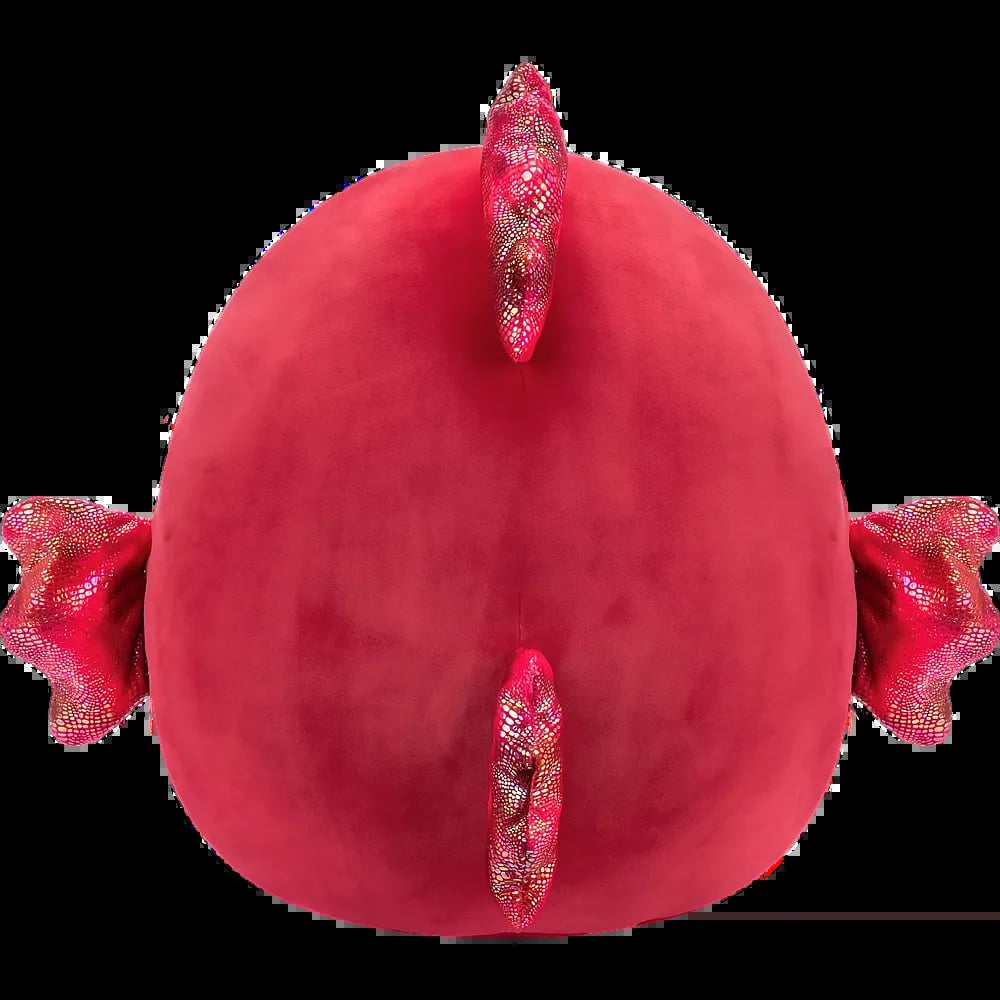 Rotes Plüschtier von hinten gesehen mit glänzenden roten Flügeln und Stacheln.