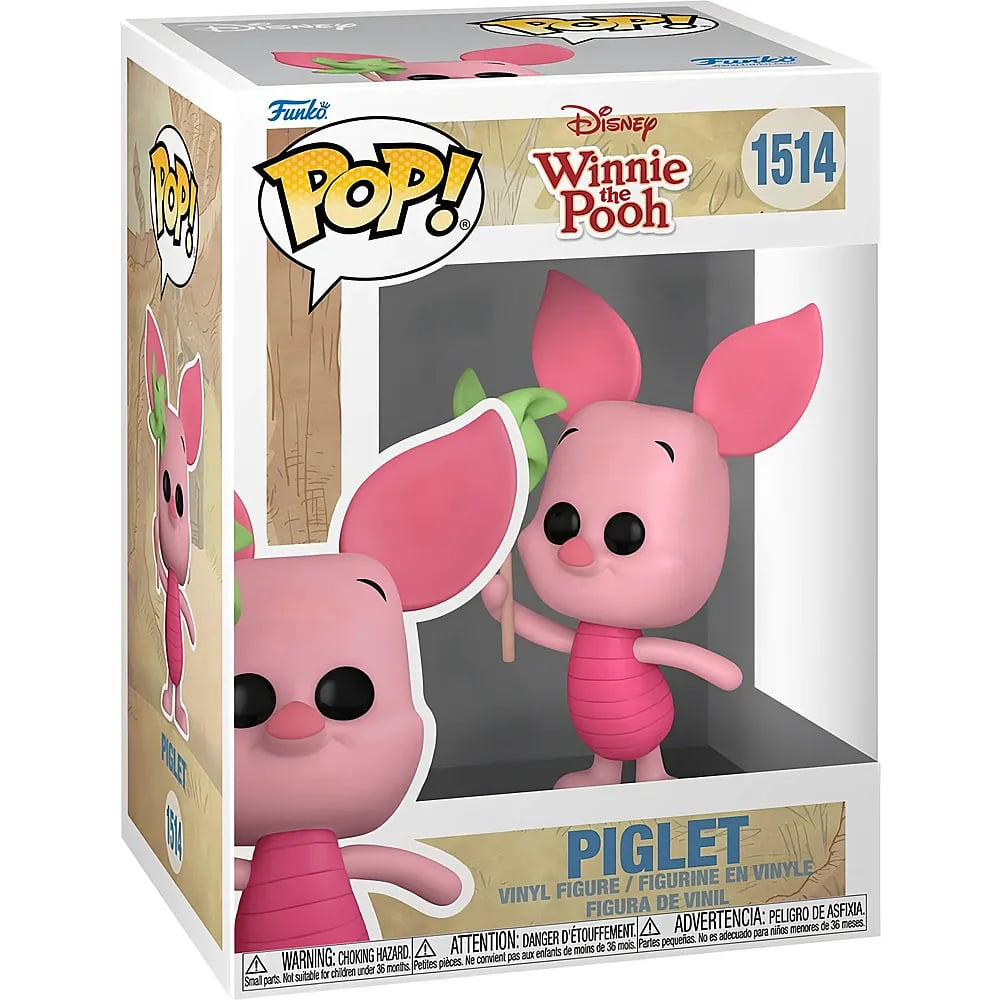Una figura Funko Pop de Piglet de Winnie the Pooh, sosteniendo una zanahoria, en su caja.