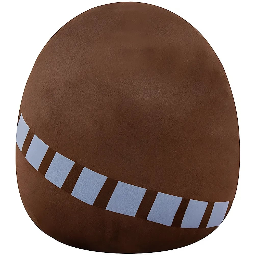 Une peluche ovale marron avec une bande diagonale bleu clair comportant des segments sombres, ressemblant à une ceinture.