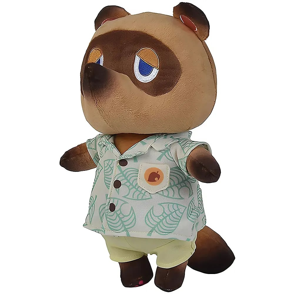 Tom Nook Plüschtier mit hellgrünem, blattgemustertem Aloha-Hemd und Shorts vor weißem Hintergrund.