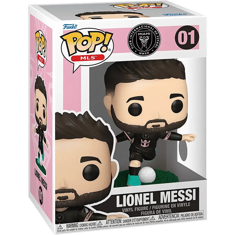 Caja Funko Pop con figura de vinilo de Lionel Messi en equipación negra de Inter Miami con balón.