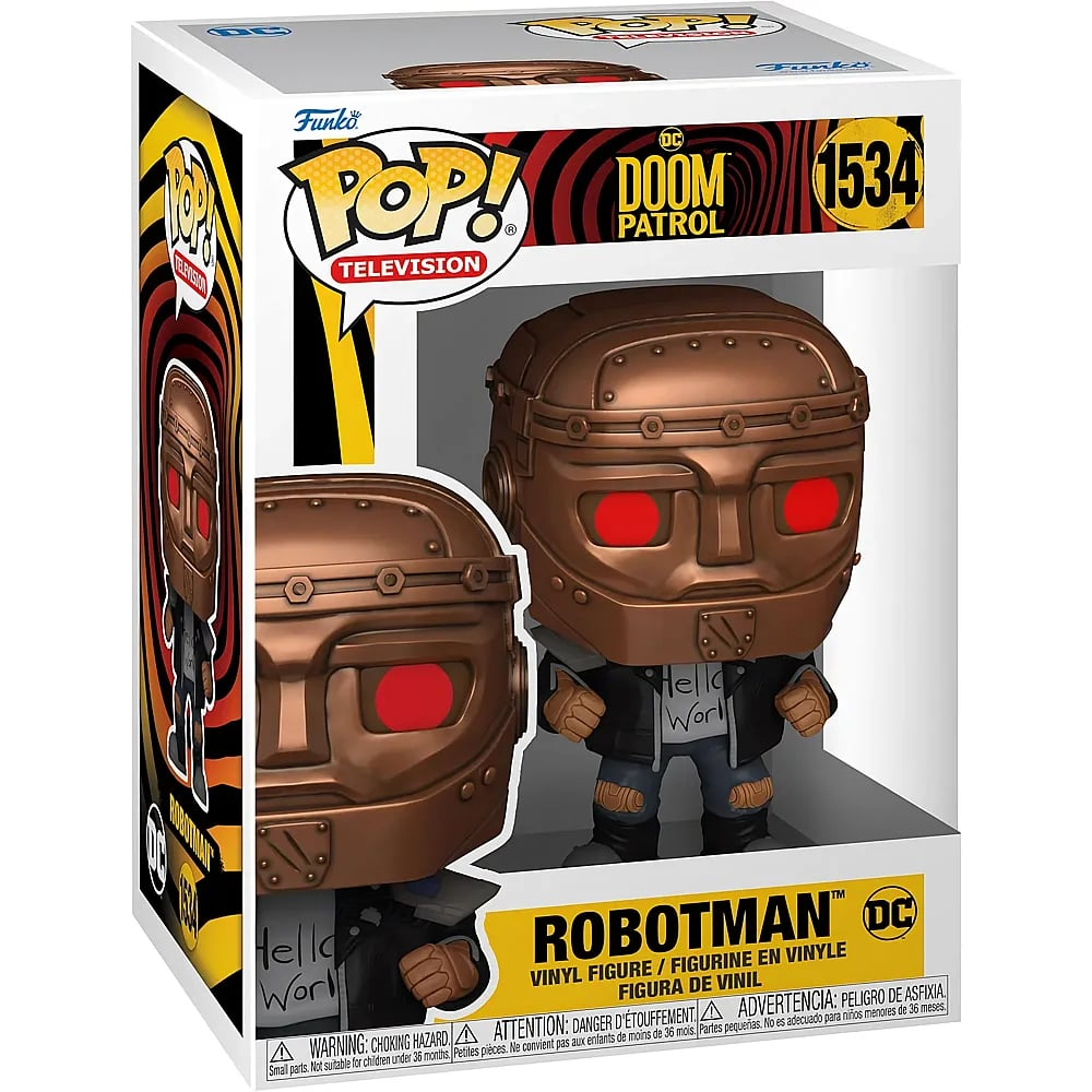 Winylowa figurka Robotman z Doom Patrol w pudelku z czerwonymi oczami.