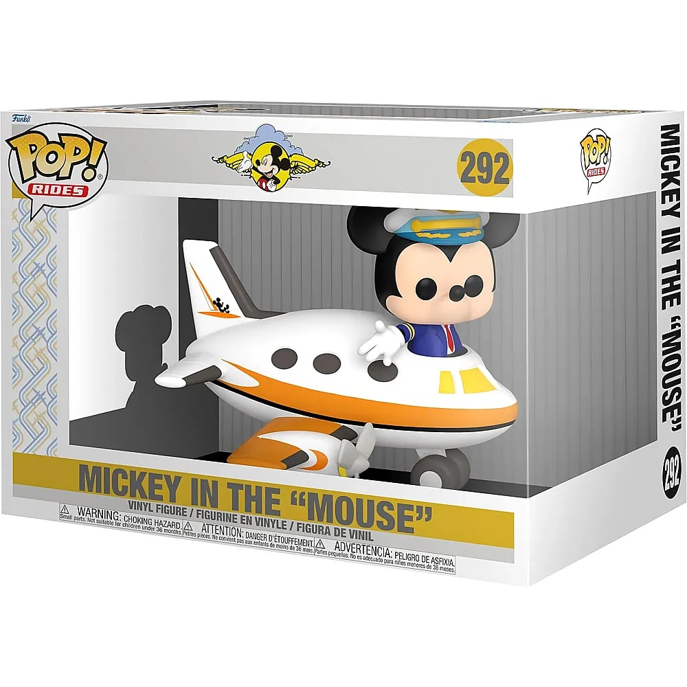 Figurka winylowa Funko Pop! przedstawiająca Myszkę Miki jako pilota w białym i pomarańczowym samolocie w pudełku.