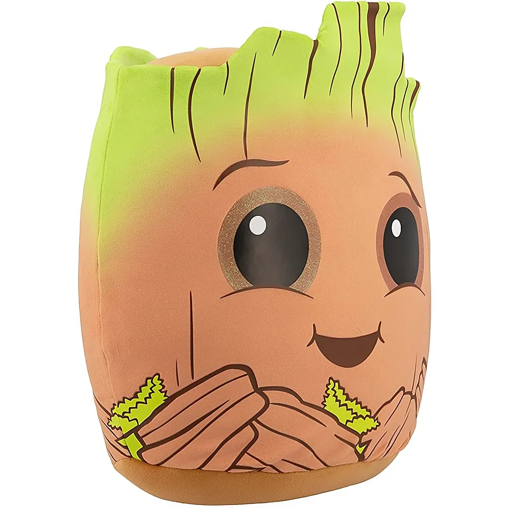 Une peluche douce de Groot avec un design de tronc d'arbre marron et vert, de grands yeux et un sourire joyeux.