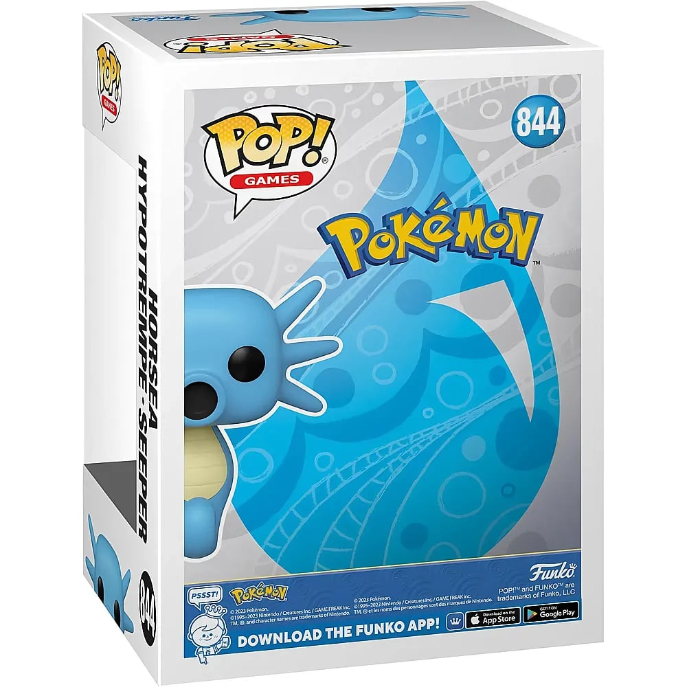 Una scatola Funko Pop Pokémon con statuetta Horsea, numero 844, su sfondo blu.
