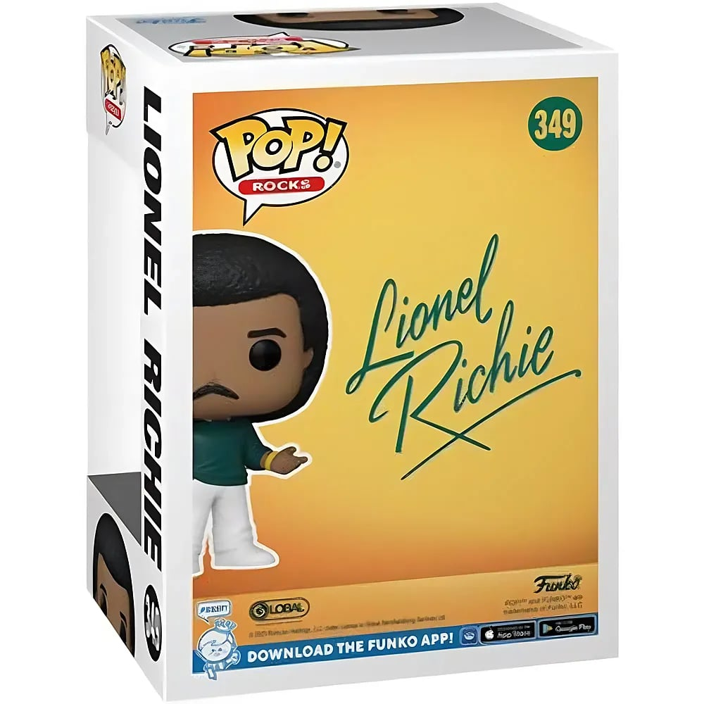 Kolekcjonerska figurka Funko Pop! Rocks przedstawiająca Lionela Richie w żółtym pudełku z jego podpisem.
