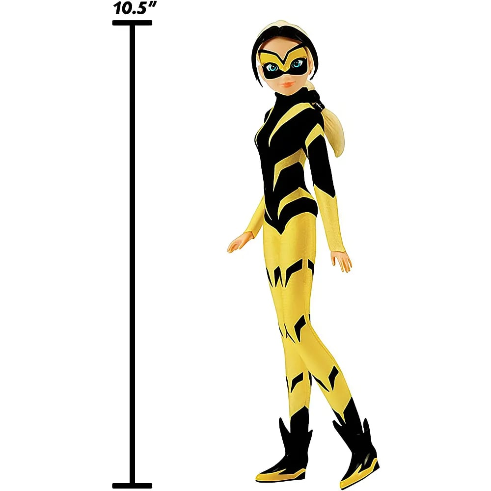 Eine 10,5 Zoll große Actionfigur mit schwarzem und gelbem Superhelden-Kostüm und einer schwarzen Maske.