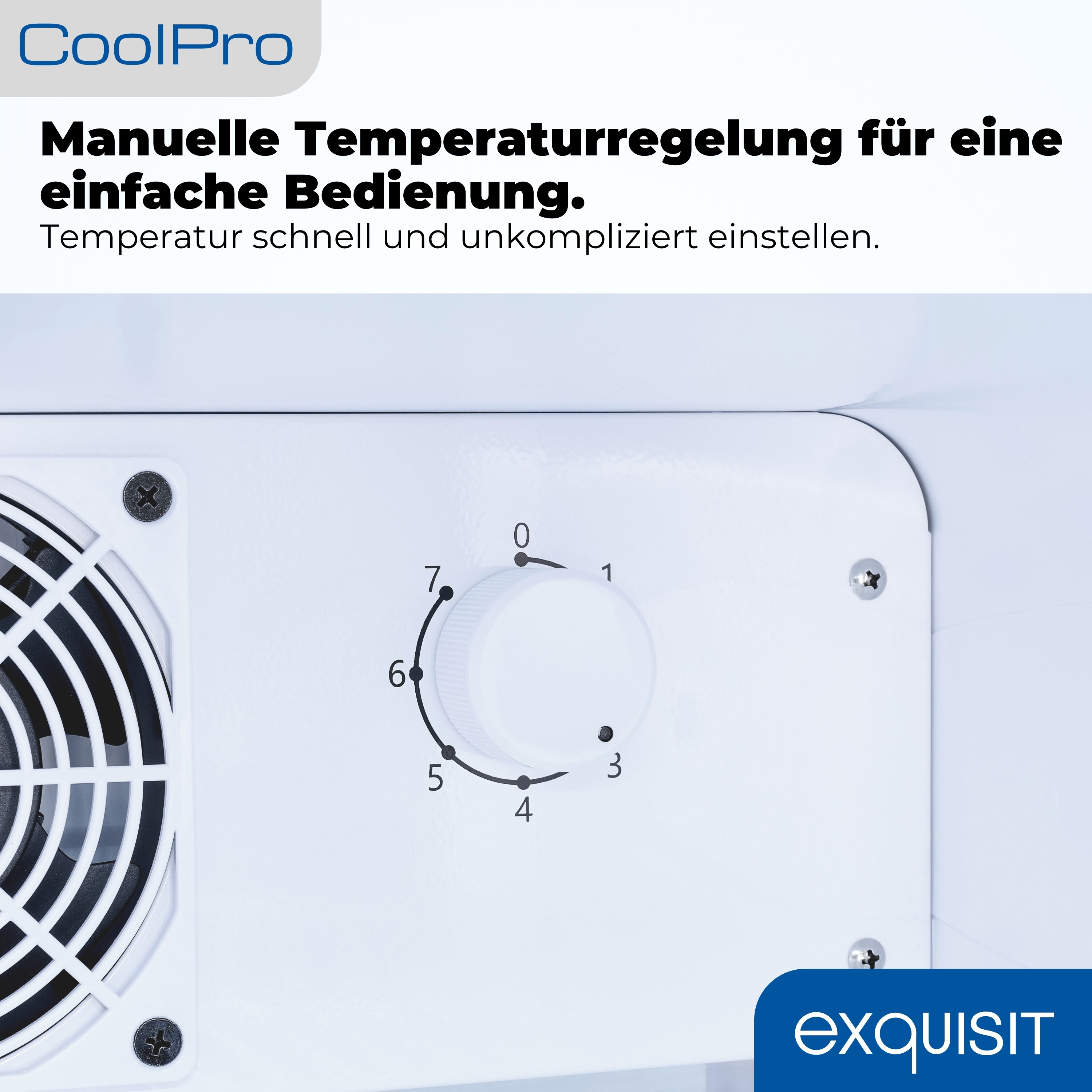 Manuelles Temperaturregulierungs-Zifferblatt mit Zahlen von 0 bis 7 auf einer weißen Oberfläche neben einem Lüfter.