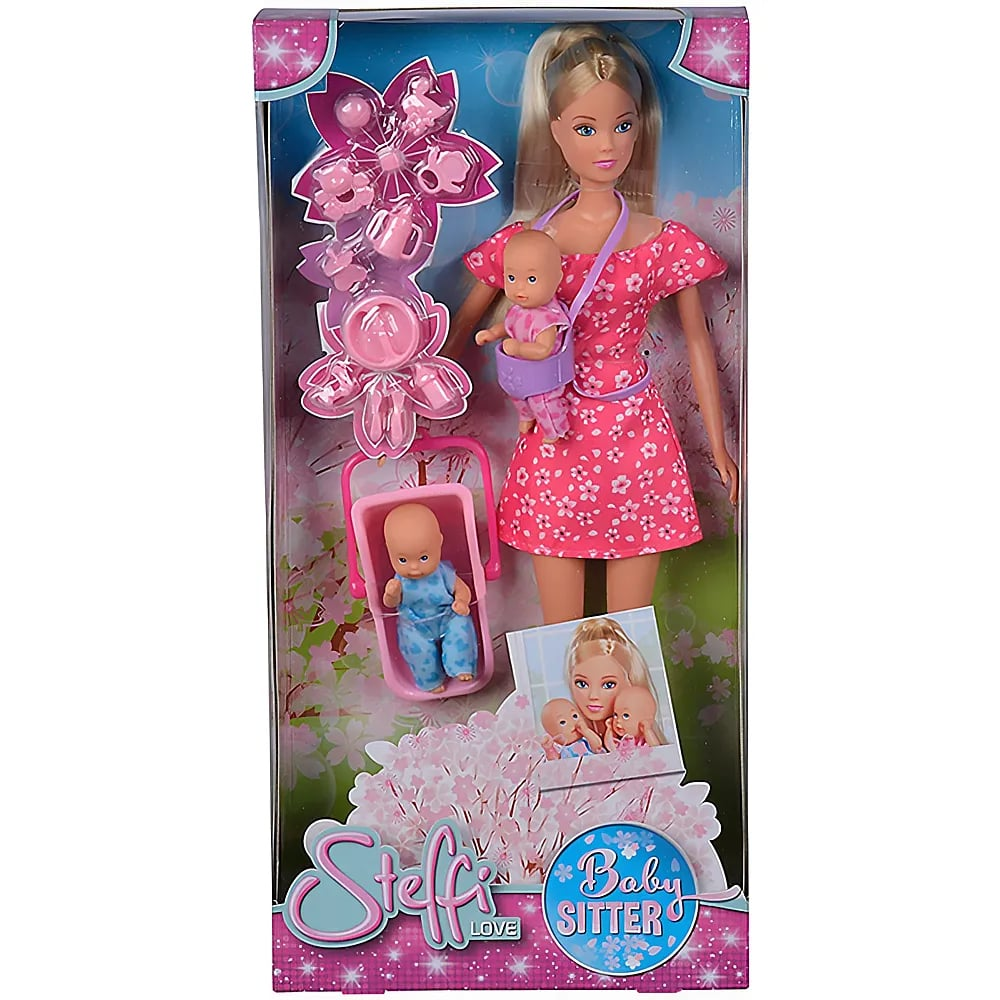 Steffi Love Babysitter Puppenset mit blonde Puppe, Babytasche, Baby im rosa Kleid, Kinderwagen und Zubehör.