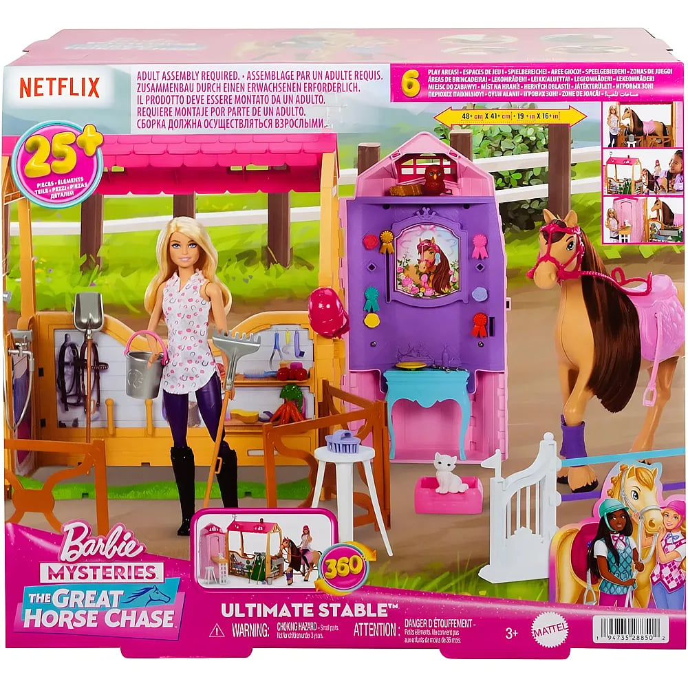 Barbie Ultimate Stable Spielset-Verpackung mit Puppe, Pferd, Stall und Zubehör.