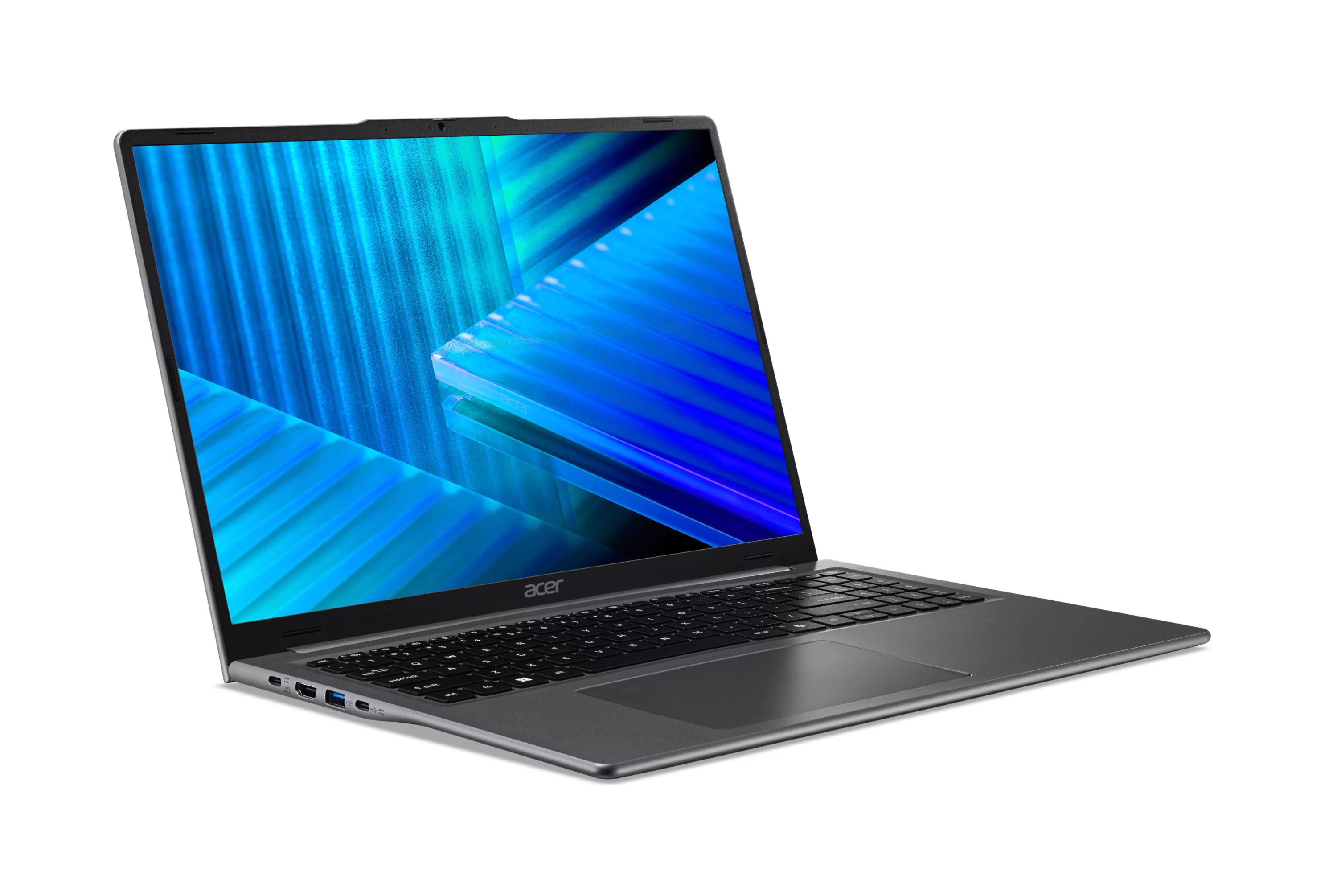 Un computer portatile Acer grigio con lo schermo acceso mostra uno sfondo astratto blu e verde acqua su sfondo bianco.