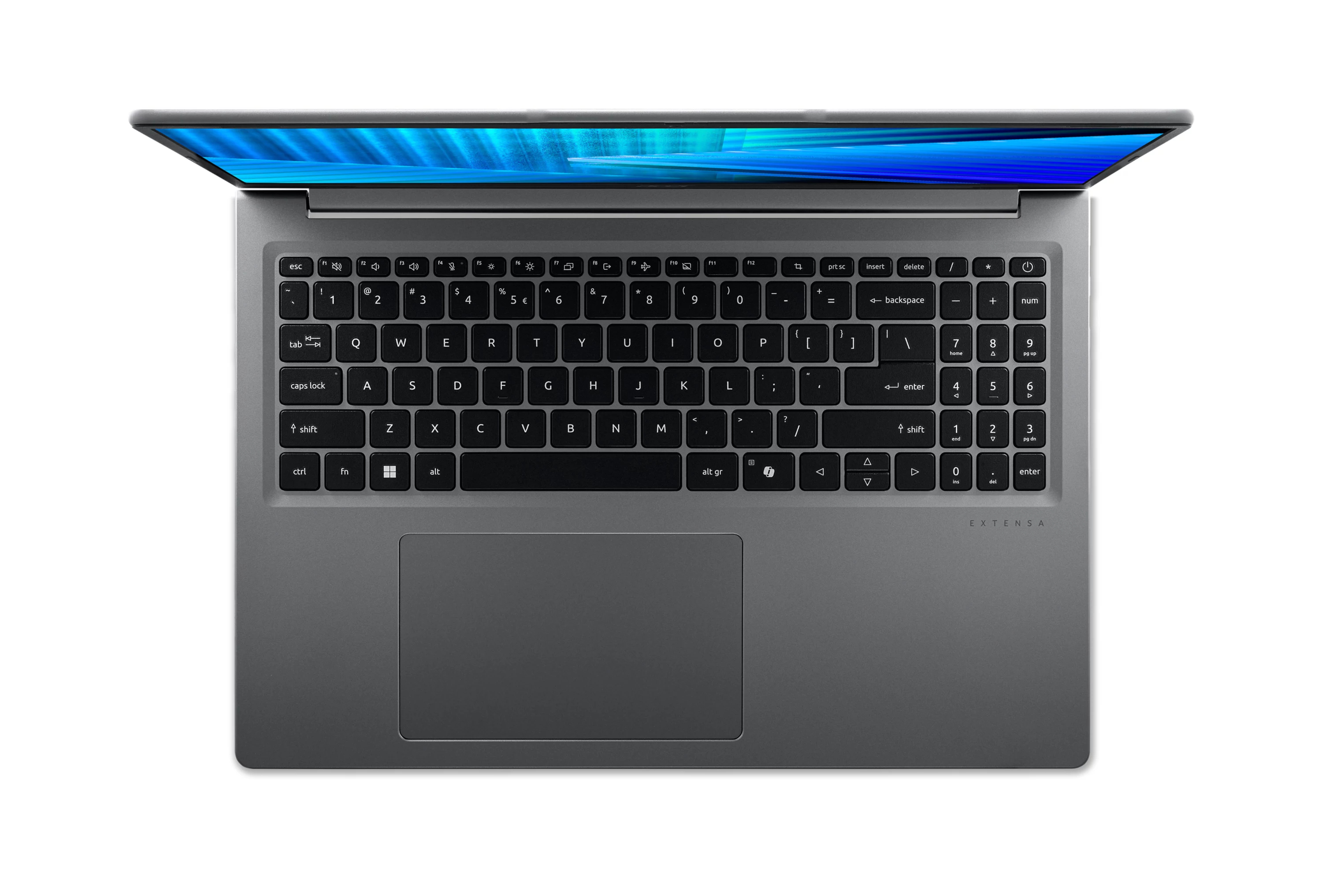 Vista dall'alto di un computer portatile grigio con schermo blu acceso, tastiera e grande touchpad su sfondo bianco.