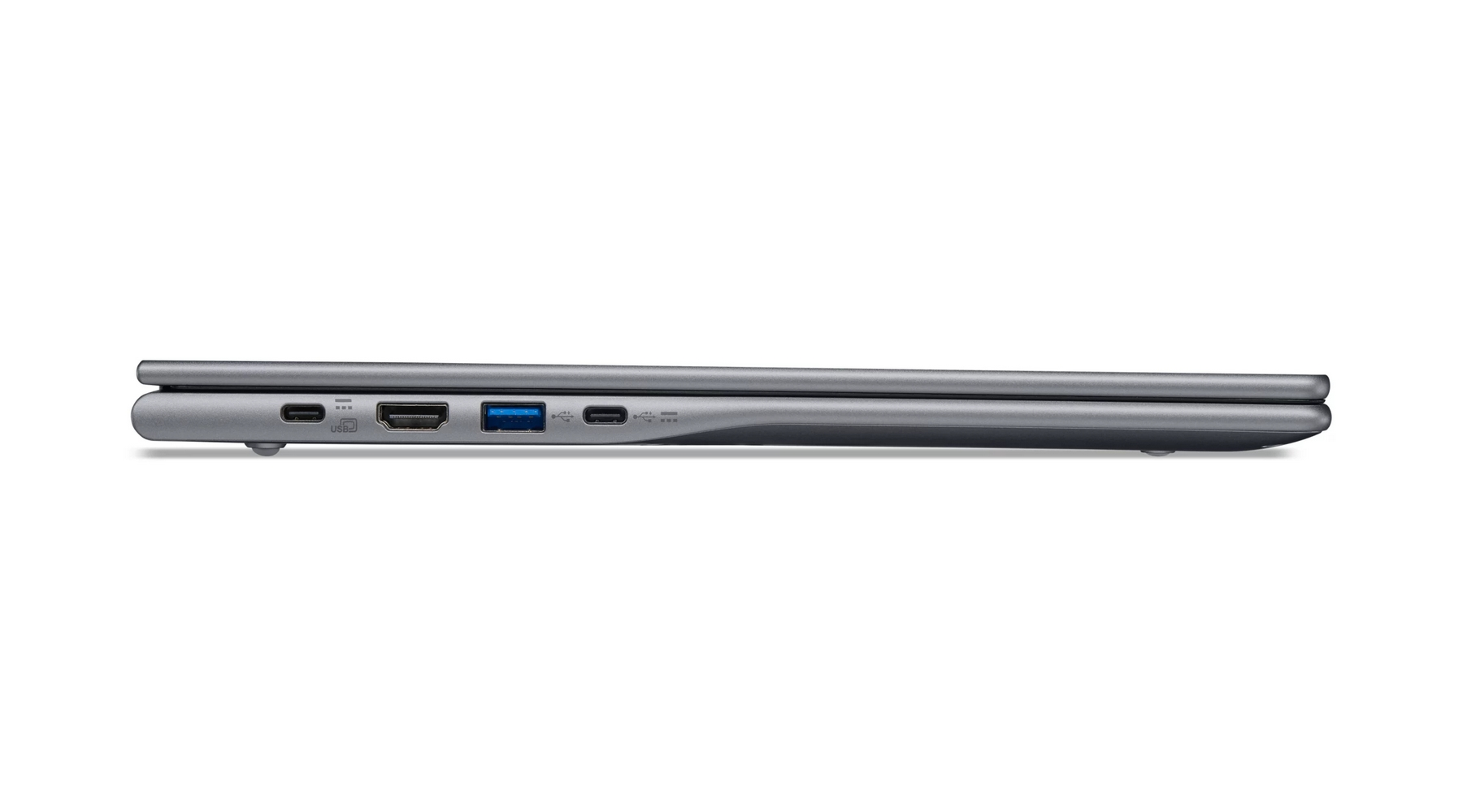 Vista laterale di un laptop grigio chiuso che mostra porte tra cui USB-C, HDMI e USB-A.