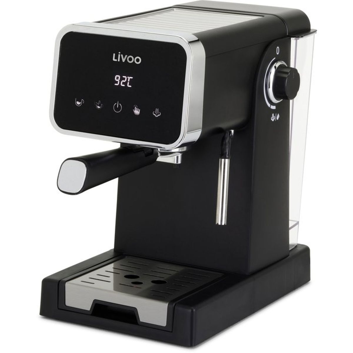 Eine schwarze Livoo-Espressomaschine mit Digitaldisplay und Dampfdüse auf weißem Hintergrund.