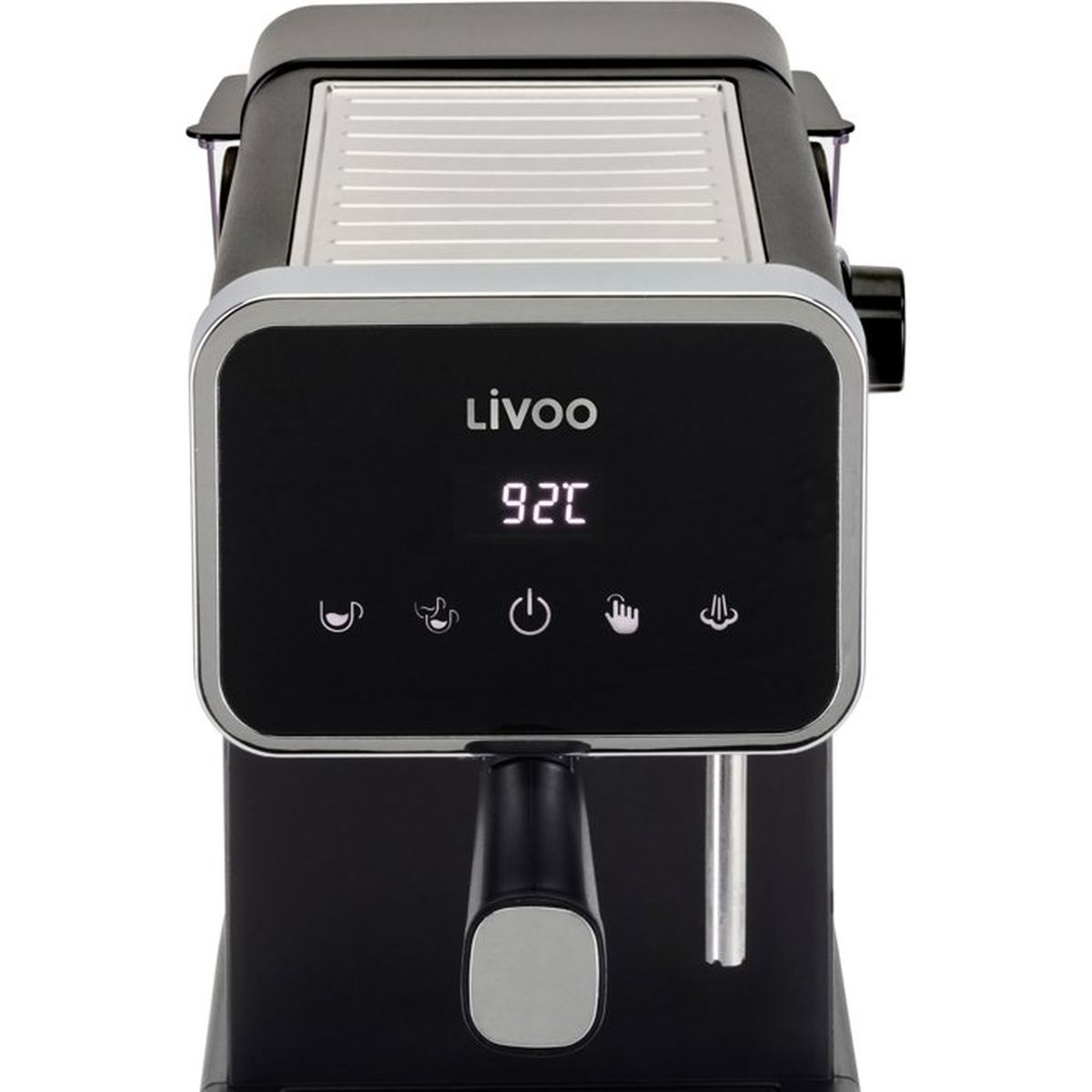 Schwarze Livoo Kaffeemaschine mit digitaler Anzeige und Tasten auf der Vorderseite.